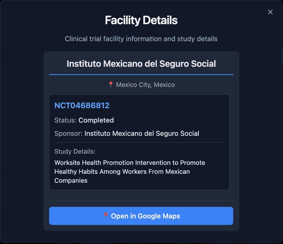 Facility Details dialog for a site in Mexico City, listing the trial's NCT ID, status, sponsor and title, with an Open in Google Maps button.