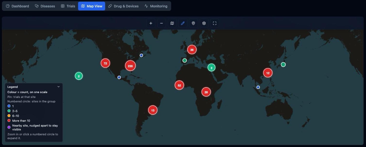 The Map View tab showing followed-trial sites worldwide as numbered cluster bubbles and individual pins, with the map toolbar above and the legend (Colour = count, on one scale: 1, 2–5, 6–10, More than 10) in the corner.