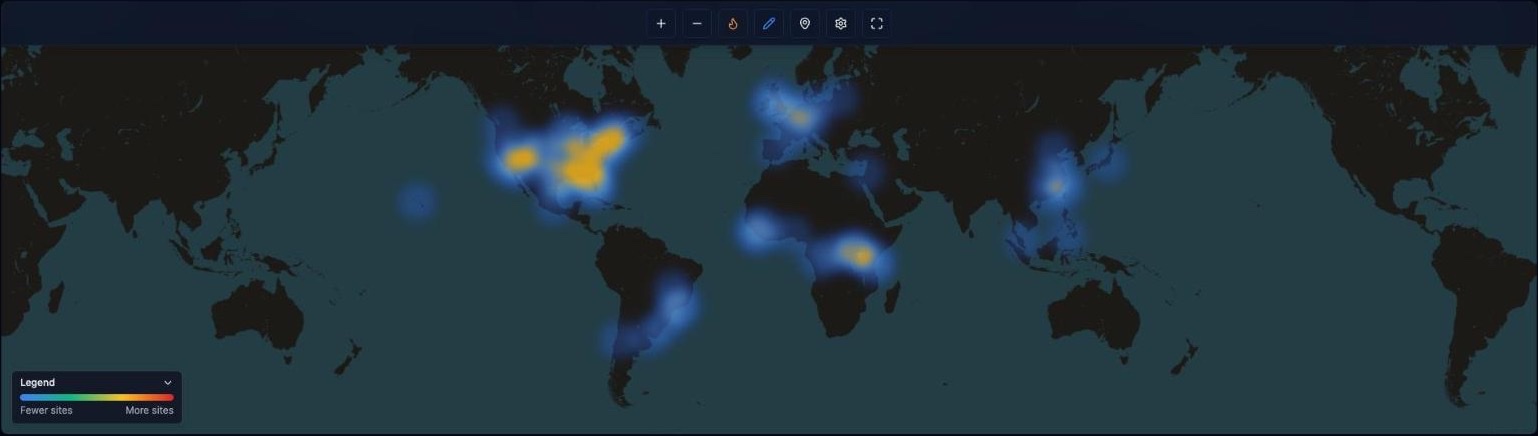 The same sites shown as a heat map, with glowing hotspots over the United States, Western Europe, West and East Africa and East Asia.