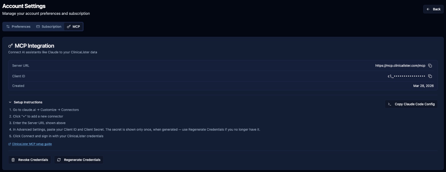 The MCP tab in ClinicaLister Settings showing the Server URL, a masked Client ID, the creation date and step-by-step setup instructions for adding the connector in claude.ai.